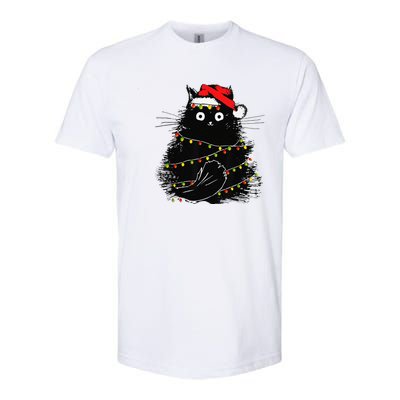 Christmas Lights Cat Black Fluffy Funny Santa Hat Cat Softstyle CVC T-Shirt