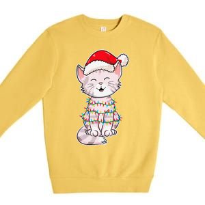 Christmas Lights Cat Wearing Xmas Hat Cute Cat Lover Premium Crewneck Sweatshirt