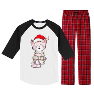 Christmas Lights Cat Wearing Xmas Hat Cute Cat Lover Raglan Sleeve Pajama Set