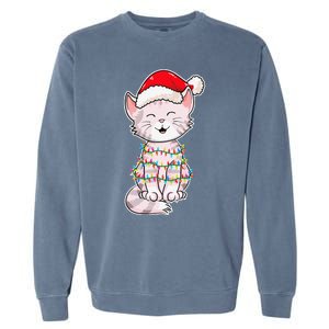 Christmas Lights Cat Wearing Xmas Hat Cute Cat Lover Garment-Dyed Sweatshirt