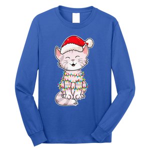 Christmas Lights Cat Wearing Xmas Hat Cute Cat Lover Long Sleeve Shirt