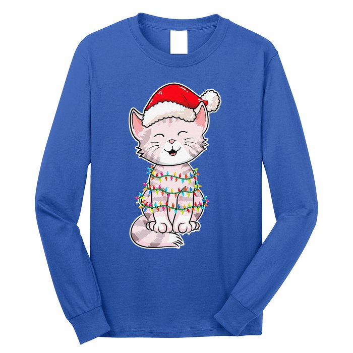 Christmas Lights Cat Wearing Xmas Hat Cute Cat Lover Long Sleeve Shirt