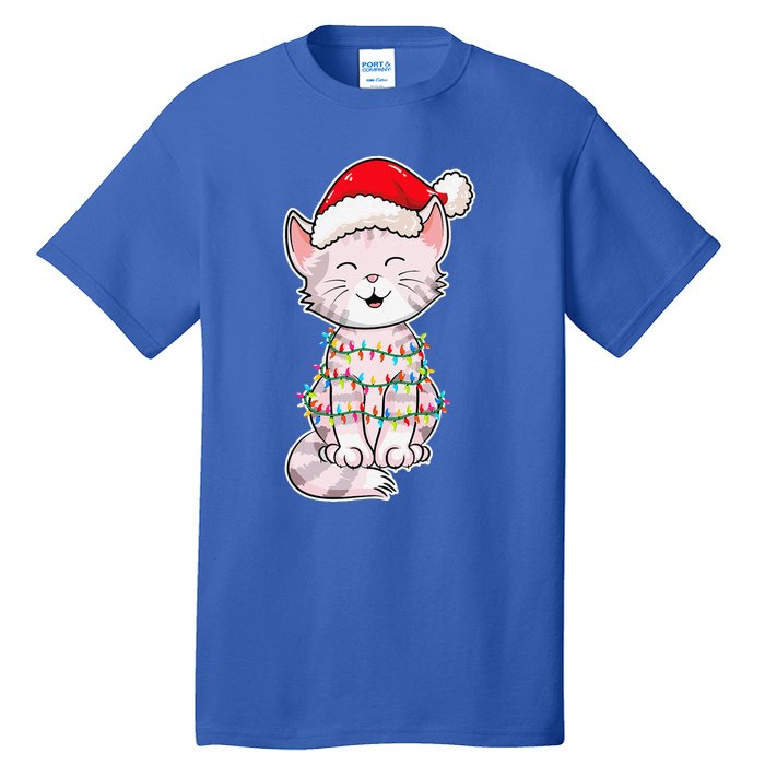 Christmas Lights Cat Wearing Xmas Hat Cute Cat Lover Tall T-Shirt