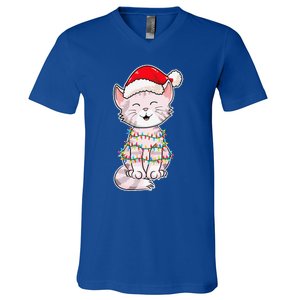 Christmas Lights Cat Wearing Xmas Hat Cute Cat Lover V-Neck T-Shirt