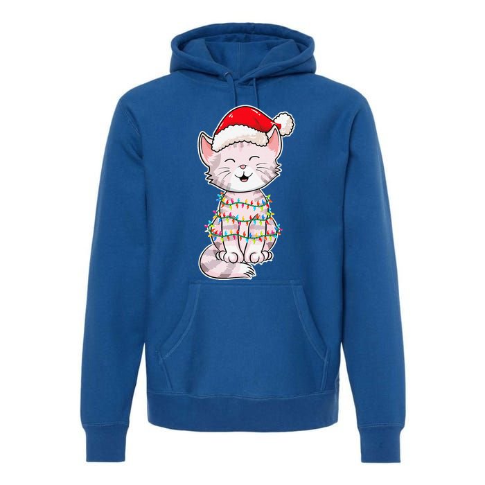 Christmas Lights Cat Wearing Xmas Hat Cute Cat Lover Premium Hoodie