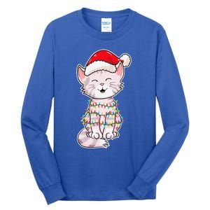 Christmas Lights Cat Wearing Xmas Hat Cute Cat Lover Tall Long Sleeve T-Shirt