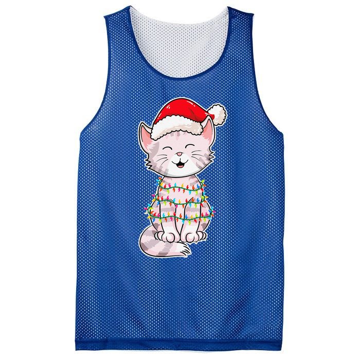 Christmas Lights Cat Wearing Xmas Hat Cute Cat Lover Mesh Reversible Basketball Jersey Tank