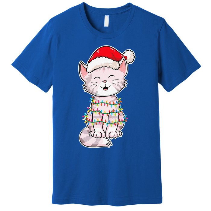 Christmas Lights Cat Wearing Xmas Hat Cute Cat Lover Premium T-Shirt