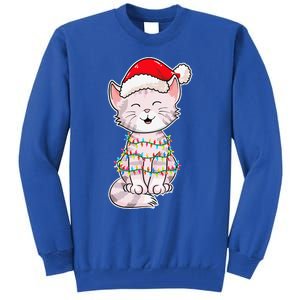 Christmas Lights Cat Wearing Xmas Hat Cute Cat Lover Tall Sweatshirt