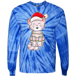 Christmas Lights Cat Wearing Xmas Hat Cute Cat Lover Tie-Dye Long Sleeve Shirt