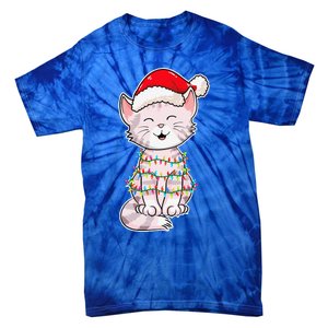 Christmas Lights Cat Wearing Xmas Hat Cute Cat Lover Tie-Dye T-Shirt