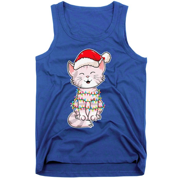 Christmas Lights Cat Wearing Xmas Hat Cute Cat Lover Tank Top