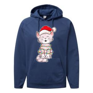 Christmas Lights Cat Wearing Xmas Hat Cute Cat Lover Performance Fleece Hoodie