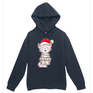 Christmas Lights Cat Wearing Xmas Hat Cute Cat Lover Urban Pullover Hoodie