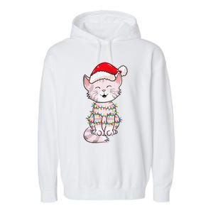 Christmas Lights Cat Wearing Xmas Hat Cute Cat Lover Garment-Dyed Fleece Hoodie