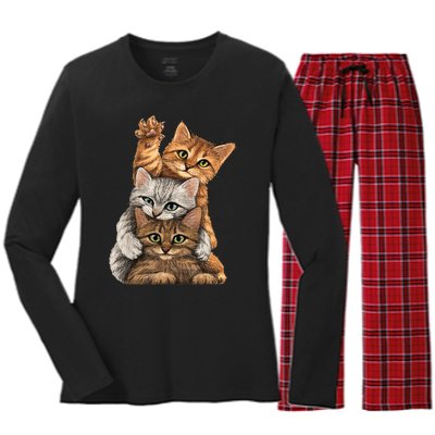 cute little Cats playing build Wall for lovers kitty kittens Women's Long Sleeve Flannel Pajama Set 