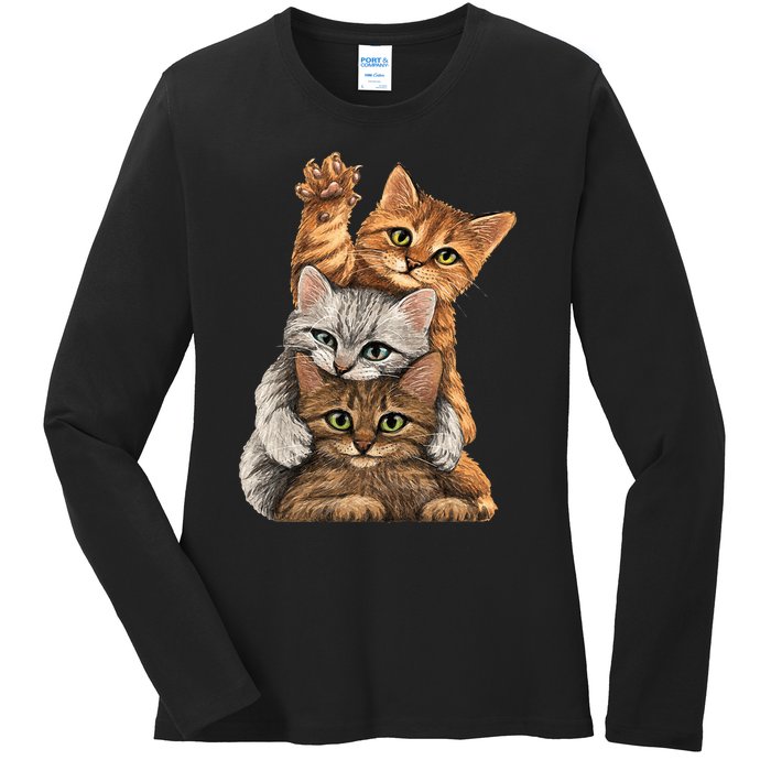 cute little Cats playing build Wall for lovers kitty kittens Ladies Long Sleeve Shirt