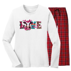 Cute Love Calf Love Cow Western Valentines Day Calf Mom Women's Long Sleeve Flannel Pajama Set 