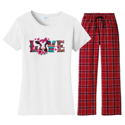 Cute Love Calf Love Cow Western Valentines Day Calf Mom Women's Flannel Pajama Set