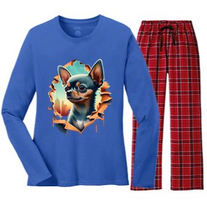 Chihuahua Lover Cute Puppy Peeking Through Cloth Deer Head Gift Women's Long Sleeve Flannel Pajama Set 