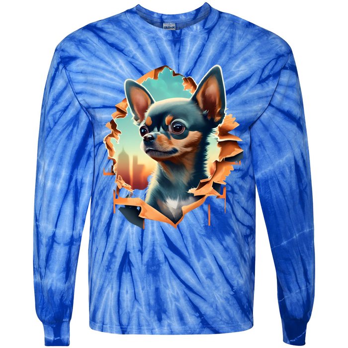 Chihuahua Lover Cute Puppy Peeking Through Cloth Deer Head Gift Tie-Dye Long Sleeve Shirt