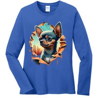 Chihuahua Lover Cute Puppy Peeking Through Cloth Deer Head Gift Ladies Long Sleeve Shirt