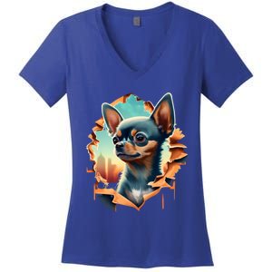 Chihuahua Lover Cute Puppy Peeking Through Cloth Deer Head Gift Women's V-Neck T-Shirt