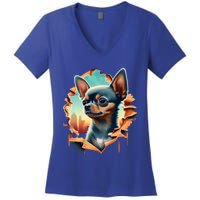 Chihuahua Lover Cute Puppy Peeking Through Cloth Deer Head Gift Women's V-Neck T-Shirt