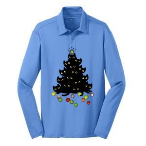 Cat Lovers Cute And Funny Holiday Tree Christmas Gift Silk Touch Performance Long Sleeve Polo