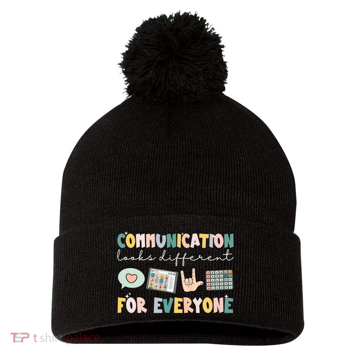 Communication Looks Different For Everyone Autism Awareness Pom Pom 12in Knit Beanie