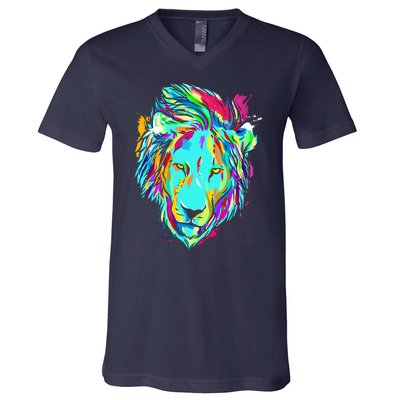 Colorful Lion Design V-Neck T-Shirt