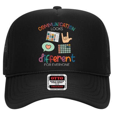 Communication Looks Different For Everyone Autism Awareness High Crown Mesh Back Trucker Hat