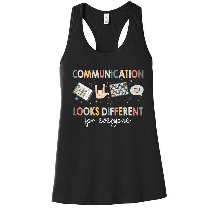 Communication Looks Different For Everyone Autism Awareness (1) Women's Racerback Tank