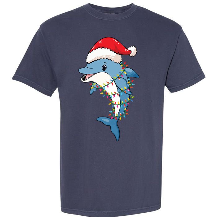 Christmas Lights Dolphin Wearing Xmas Hat Dolphin Lover Garment-Dyed Heavyweight T-Shirt