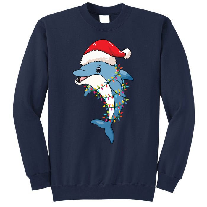 Christmas Lights Dolphin Wearing Xmas Hat Dolphin Lover Tall Sweatshirt