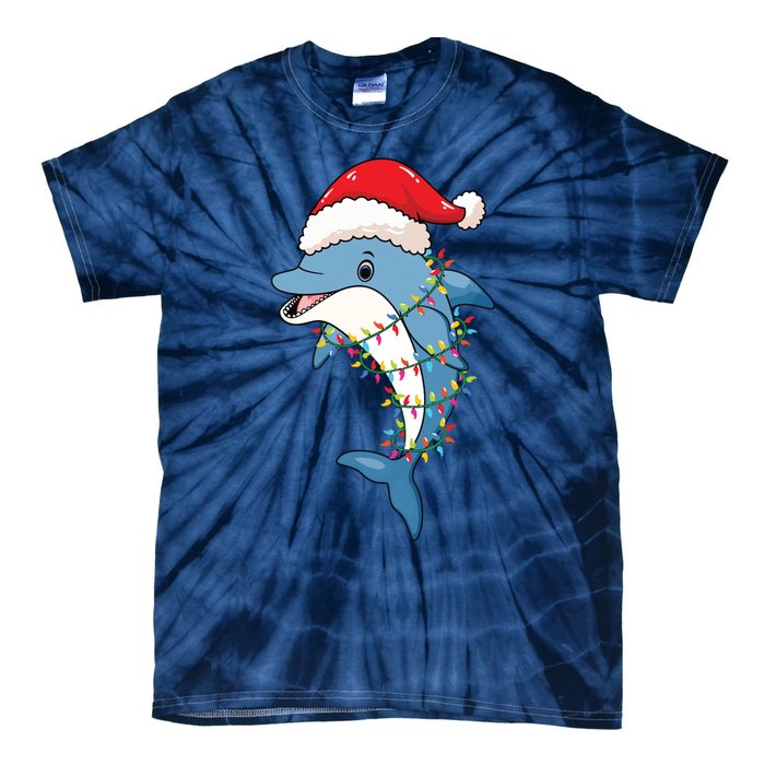 Christmas Lights Dolphin Wearing Xmas Hat Dolphin Lover Tie-Dye T-Shirt