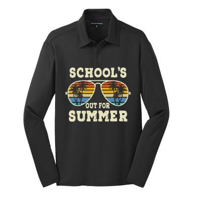 Cute Last Day Of School Schools Out For Summer Teacher Retro Silk Touch Performance Long Sleeve Polo