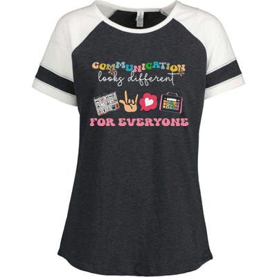 Communication Looks Different For Everyone Autism Awareness Enza Ladies Jersey Colorblock Tee