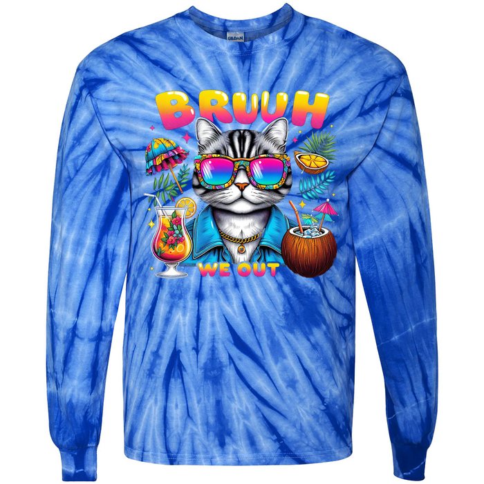 Cute Last Day Of School Year Summer Cat Bruh We Out Student Gift Tie-Dye Long Sleeve Shirt