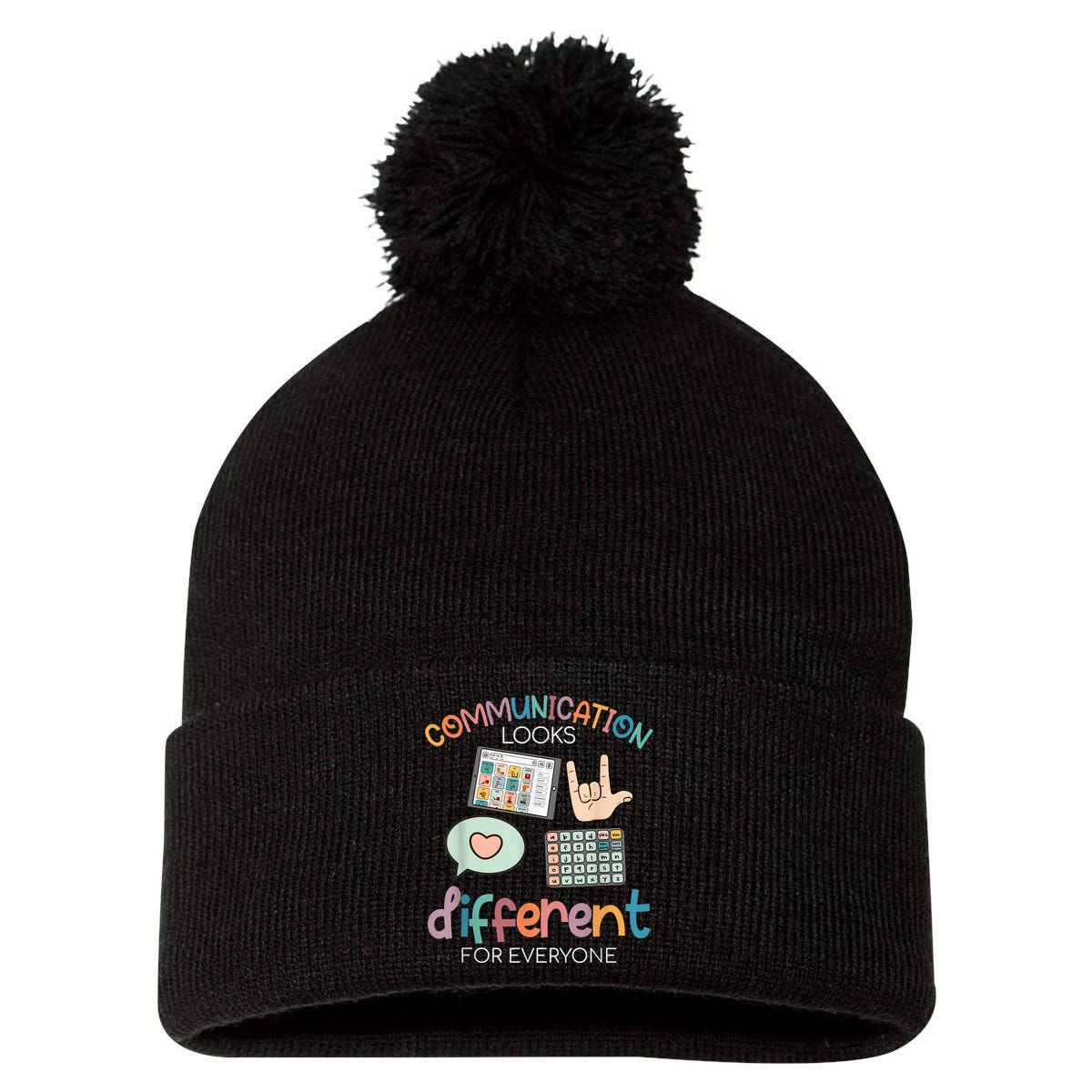 Communication Looks Different For Everyone Autism Awareness Pom Pom 12in Knit Beanie