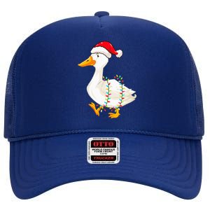 Christmas Lights Duck Wearing Xmas Hat Duck Swan Lover High Crown Mesh Back Trucker Hat