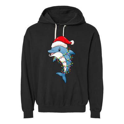 Christmas Lights Dolphin Wearing Xmas Hat Dolphin Lover Garment-Dyed Fleece Hoodie