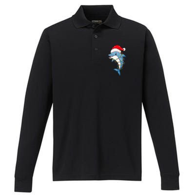 Christmas Lights Dolphin Wearing Xmas Hat Dolphin Lover Performance Long Sleeve Polo