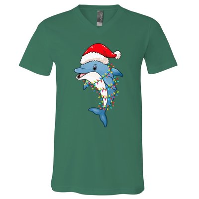 Christmas Lights Dolphin Wearing Xmas Hat Dolphin Lover V-Neck T-Shirt