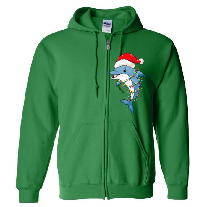 Christmas Lights Dolphin Wearing Xmas Hat Dolphin Lover Full Zip Hoodie