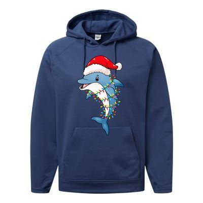 Christmas Lights Dolphin Wearing Xmas Hat Dolphin Lover Performance Fleece Hoodie