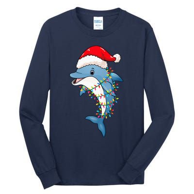 Christmas Lights Dolphin Wearing Xmas Hat Dolphin Lover Tall Long Sleeve T-Shirt