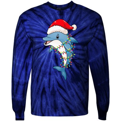 Christmas Lights Dolphin Wearing Xmas Hat Dolphin Lover Tie-Dye Long Sleeve Shirt