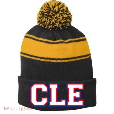 CLE Cleveland, Ohio College Letters Baseball Colors Stripe Pom Pom Beanie