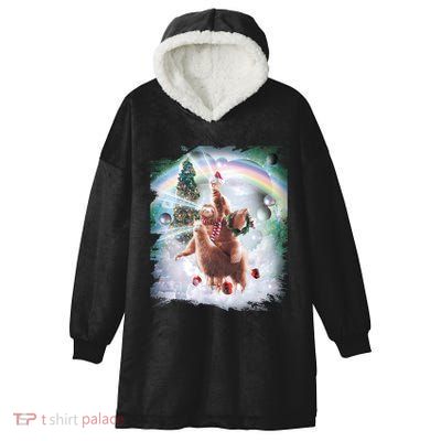 Christmas Laser Eyes Space Cat Riding Sloth Lama Xmas Gift Hooded Wearable Blanket